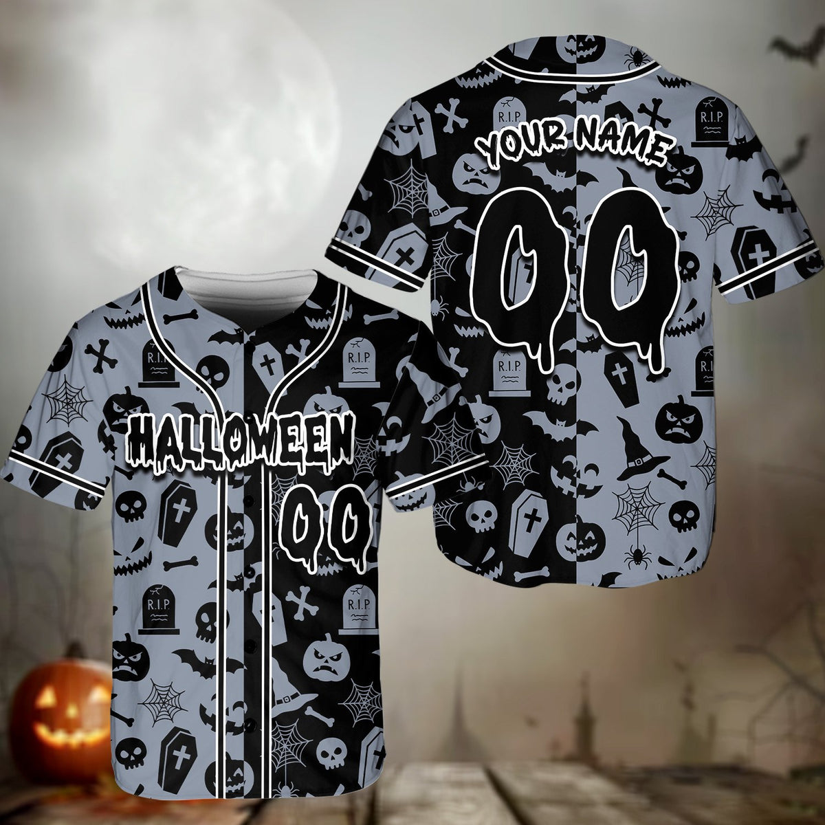 Multicolor halloween baseball jersey close up view