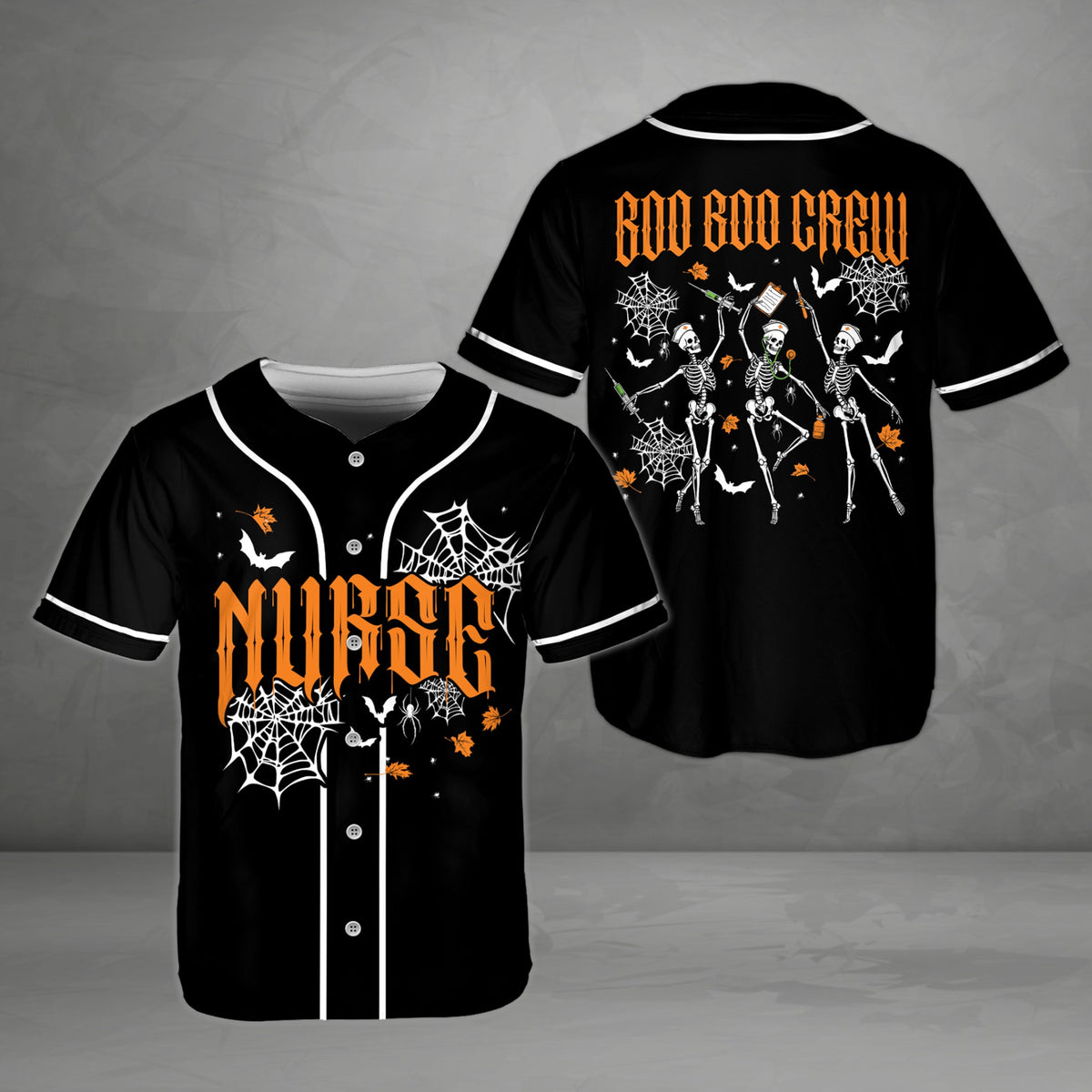 Black halloween nurse baseball jersey with spooky font, front view