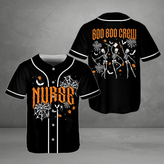 Black halloween nurse baseball jersey with spooky font, front view