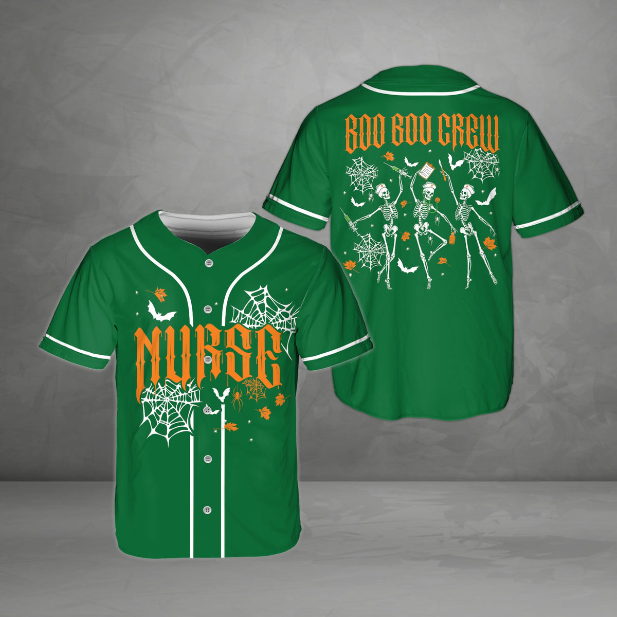 Green halloween nurse baseball jersey with spooky font, front view