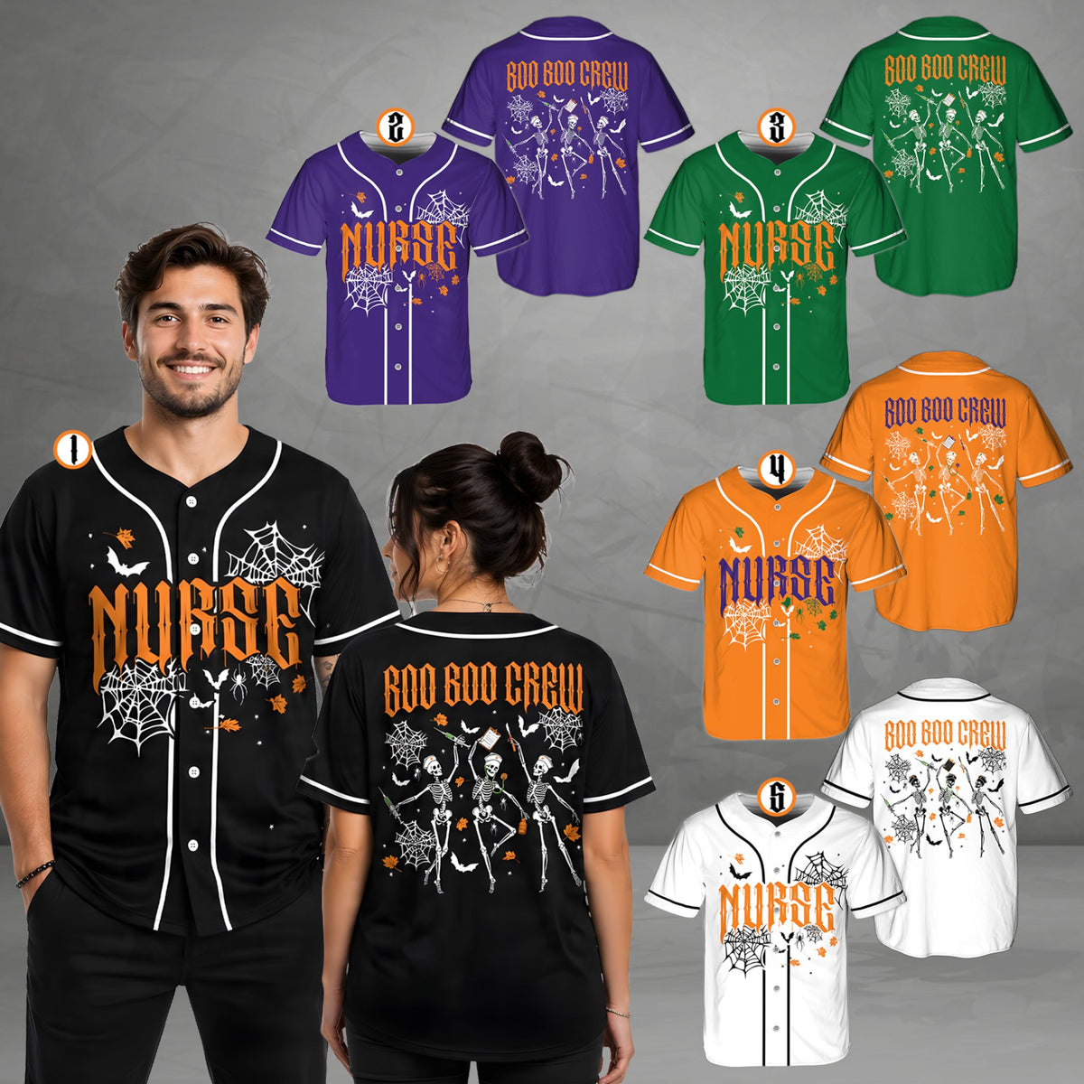 Lifestyle view of the multicolor halloween nurse baseball jersey