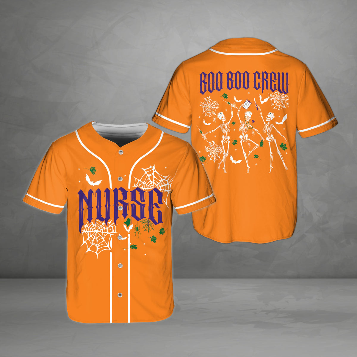 Orange halloween nurse baseball jersey with spooky font, front view