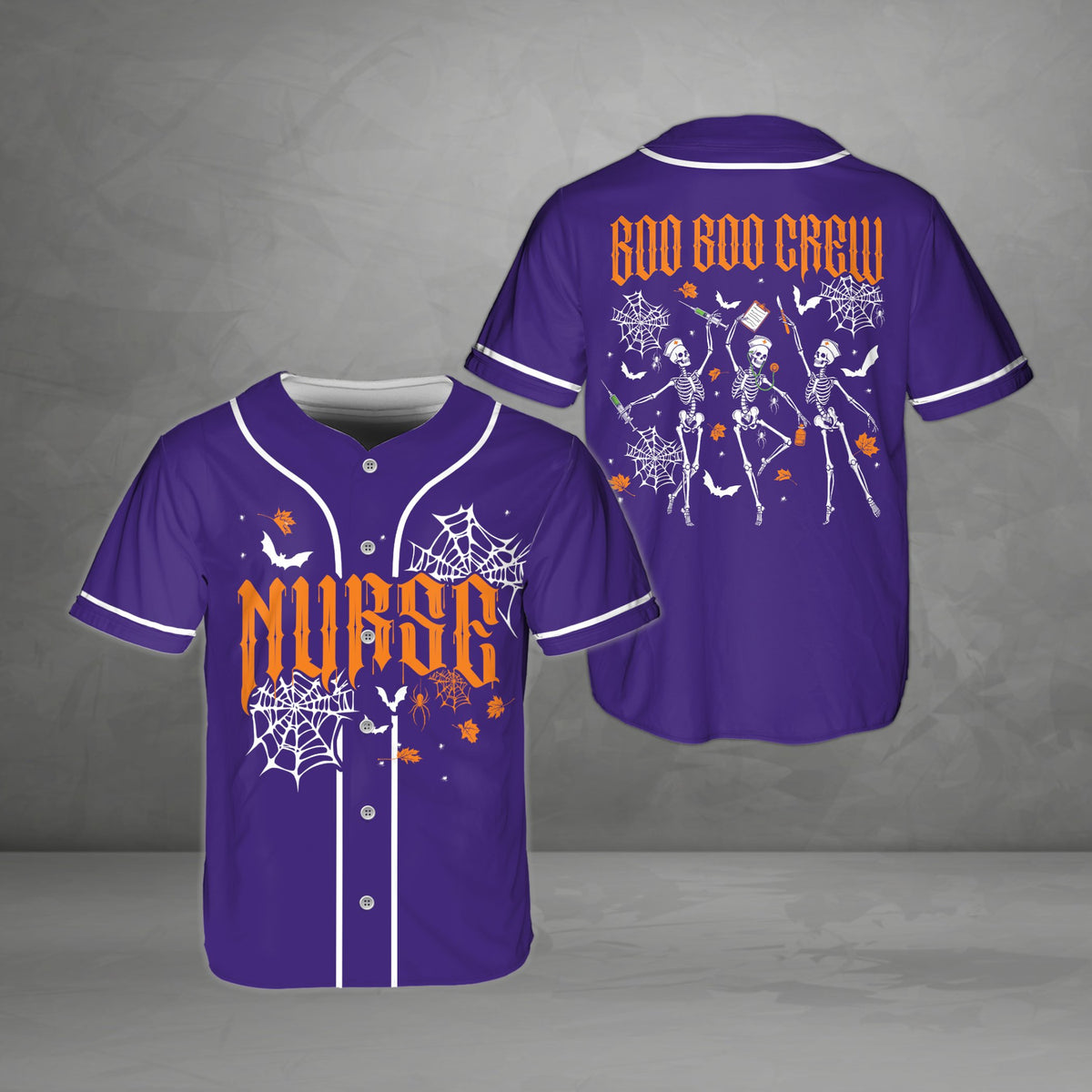 Purple halloween nurse baseball jersey with spooky font, front view