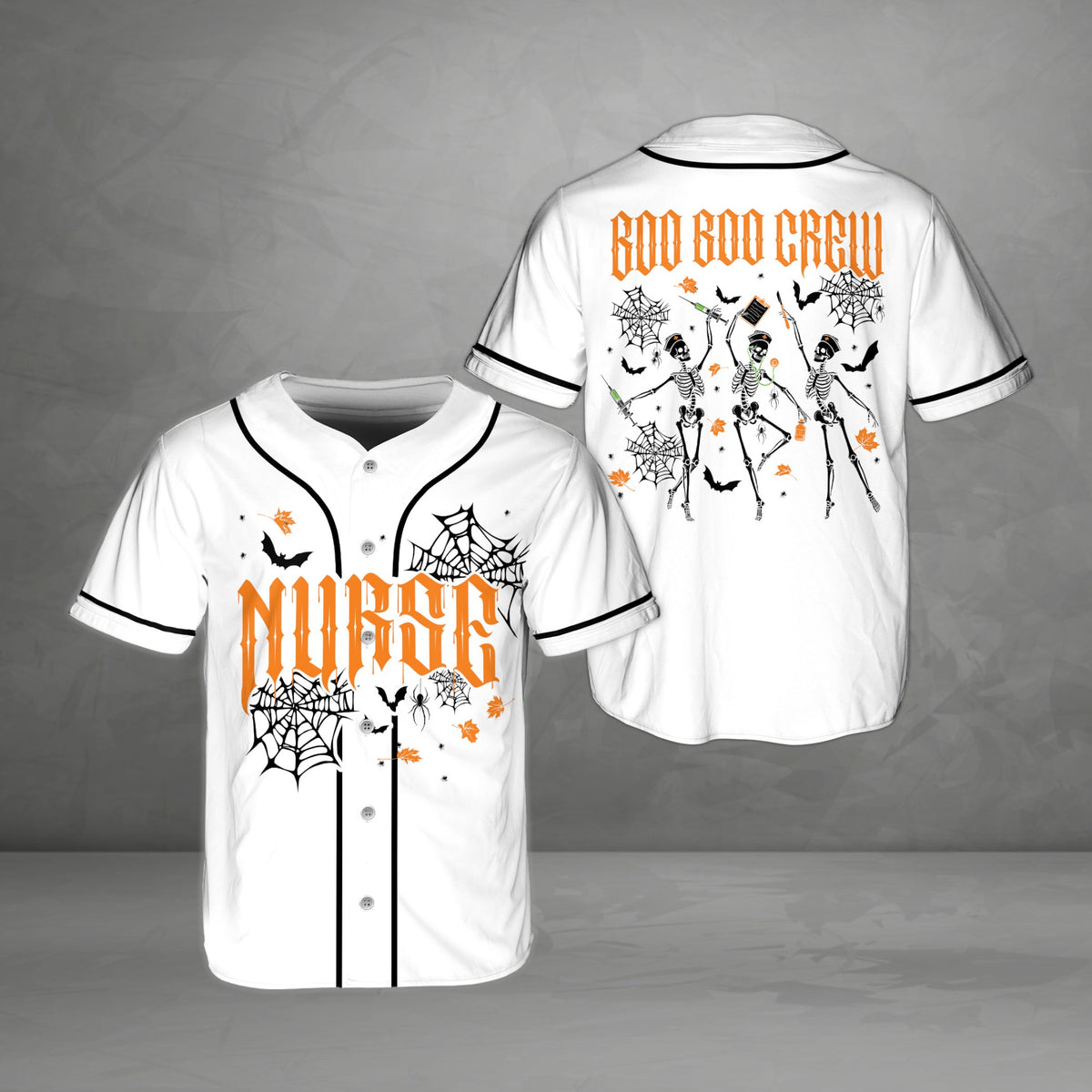 White halloween nurse baseball jersey with spooky font, front view