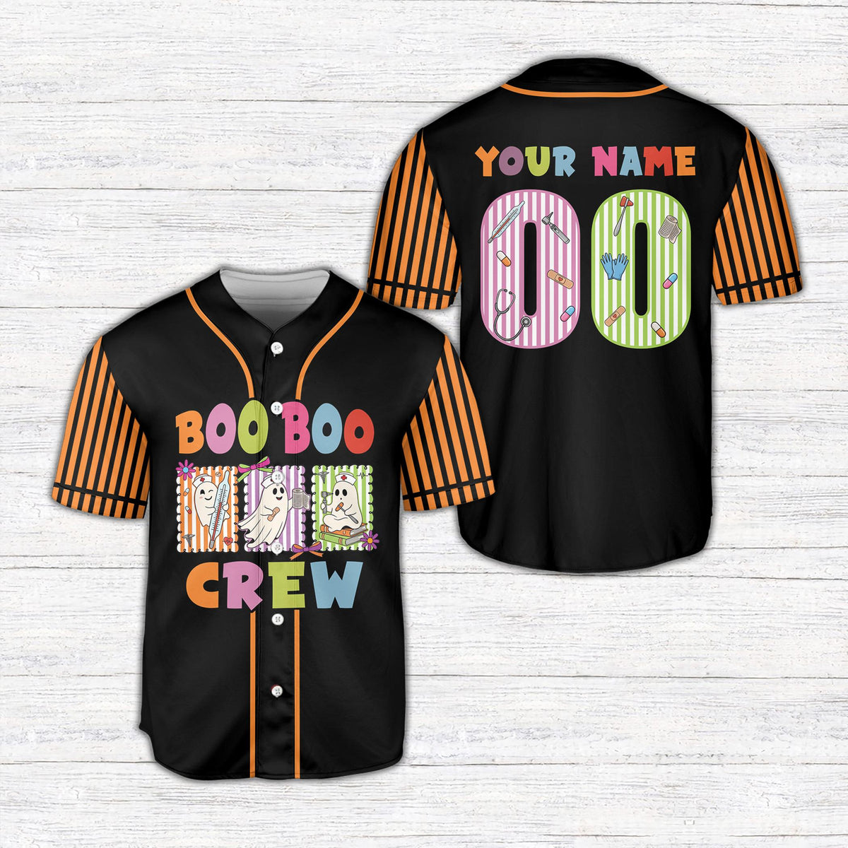 Back view of the personalized halloween nursing baseball jersey in black showing custom name and number