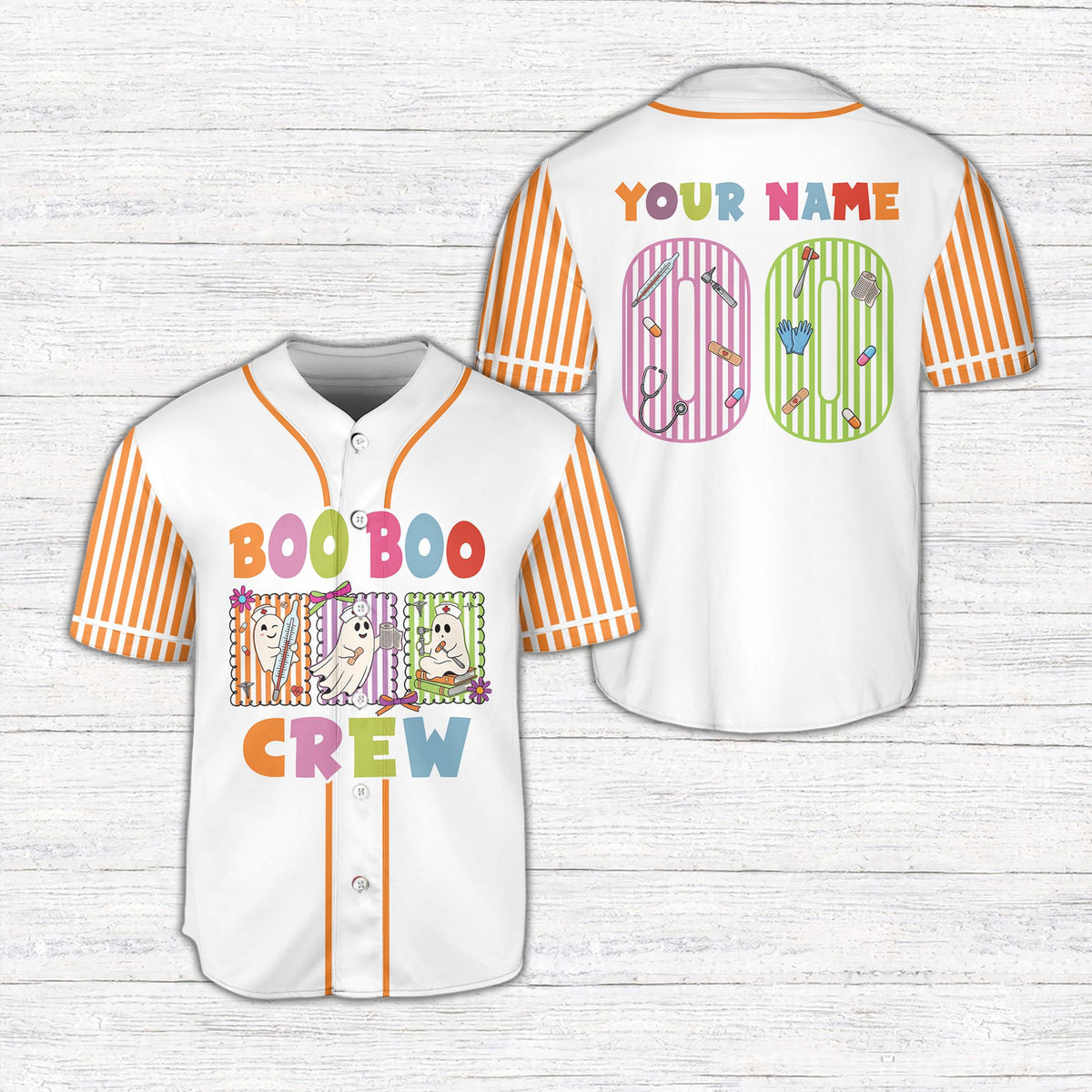 Front view of the halloween nursing baseball jersey in white featuring the Boo Boo Crew design