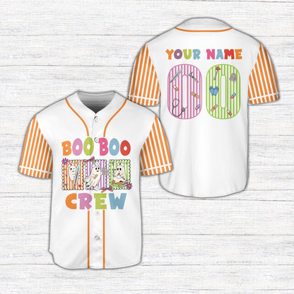 Front view of the halloween nursing baseball jersey in white featuring the Boo Boo Crew design