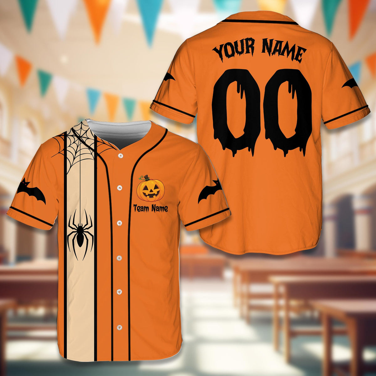 Personalized orange halloween baseball jersey front view featuring a spider, bats, and jack-o'-lantern