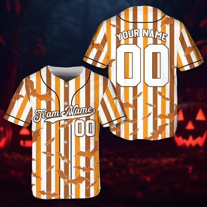 Personalized orange and white striped halloween baseball jersey with bats, custom name and number