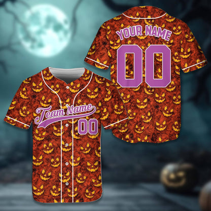 Orange custom baseball jersey with spooky jack-o'-lantern faces and personalized front
