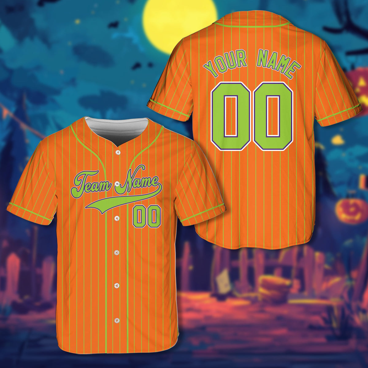 Personalized Halloween baseball jersey in orange with custom name and number, detailed front view