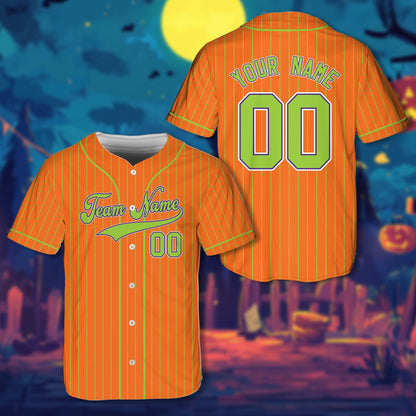 Personalized Halloween baseball jersey in orange with custom name and number, front view