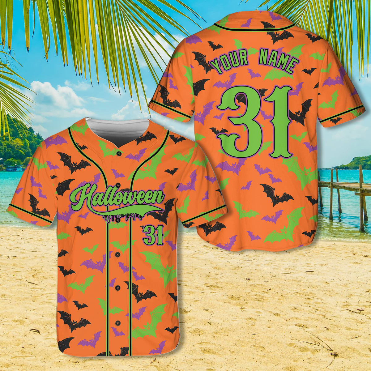 Personalized orange halloween baseball jersey with bat design, front view