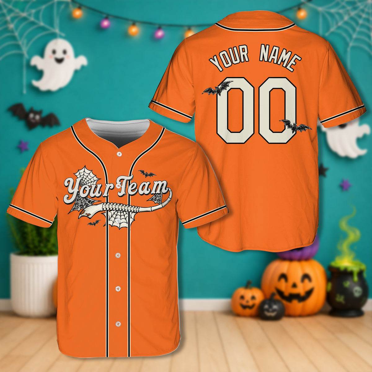 Personalized orange Halloween baseball jersey with custom name and number layout, front view