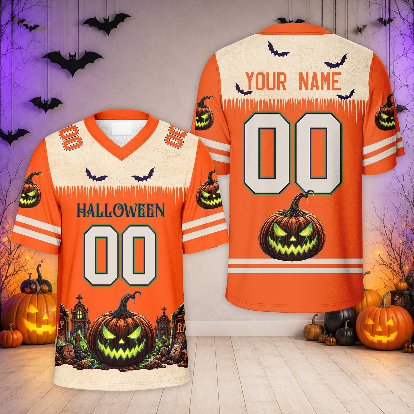 Personalized orange halloween themed baseball jersey with glowing jack-o'-lantern graphic, front view