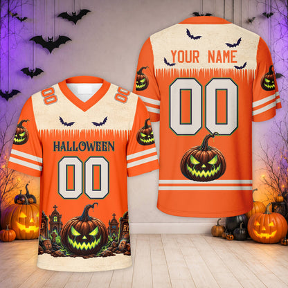 Personalized orange halloween themed baseball jersey with glowing jack-o'-lantern graphic, front view