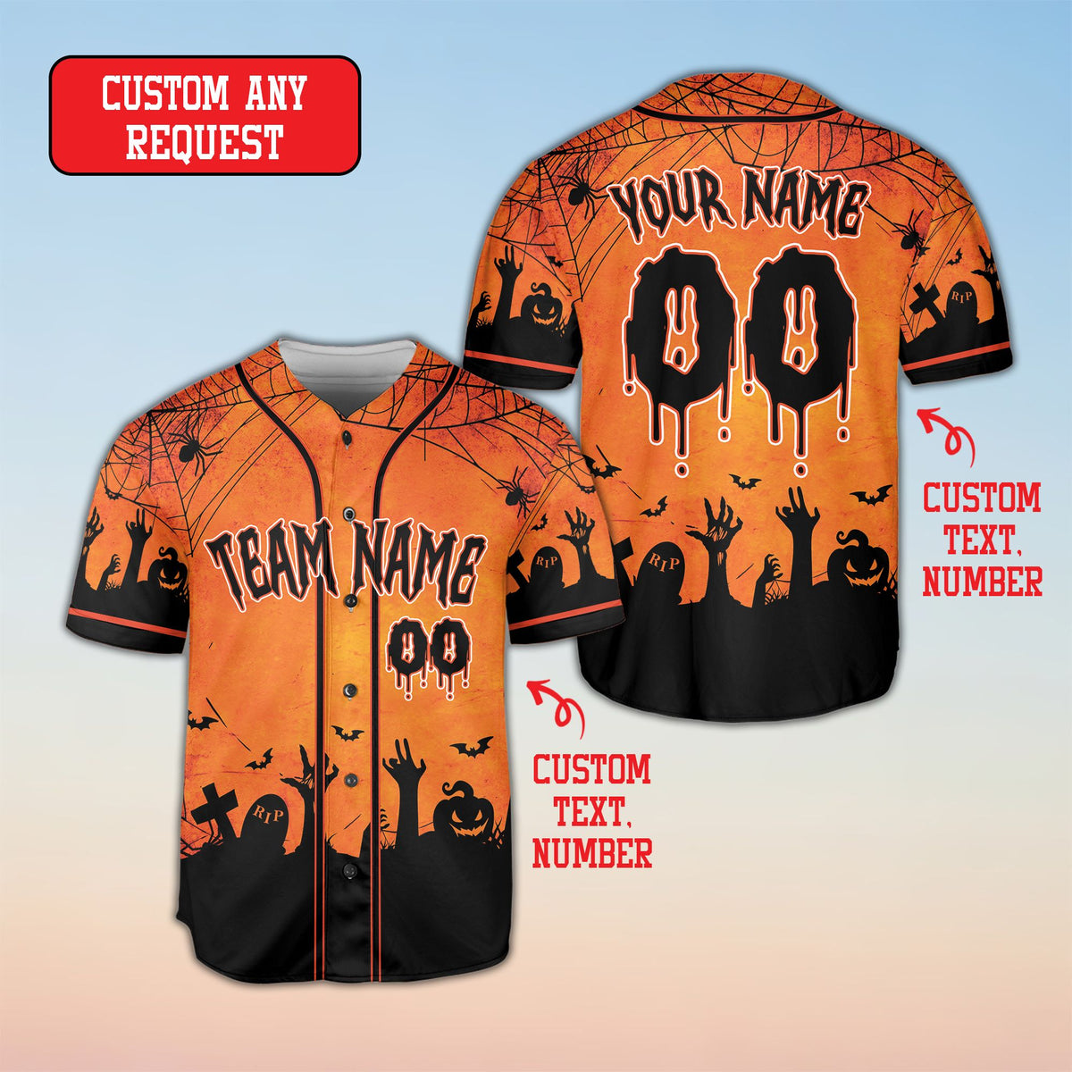 Front view of the orange Halloween baseball jersey with custom name and number