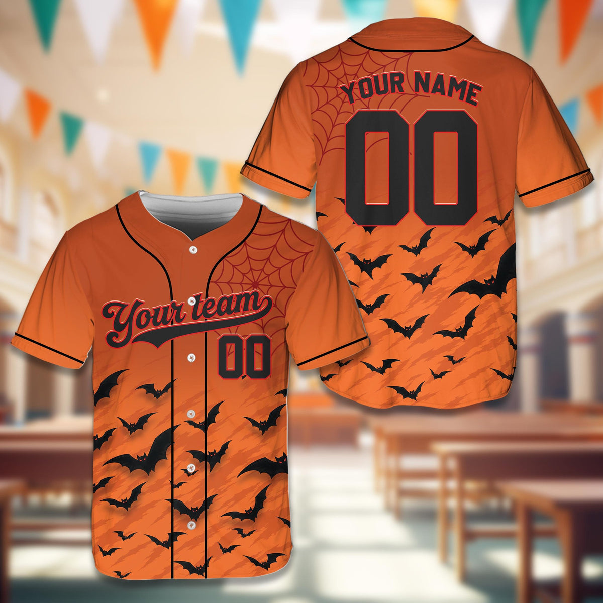 Orange custom baseball jersey with halloween bat design front view