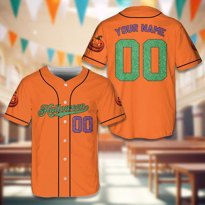 Orange custom baseball jersey featuring smiling jack-o'-lanterns on the sleeves