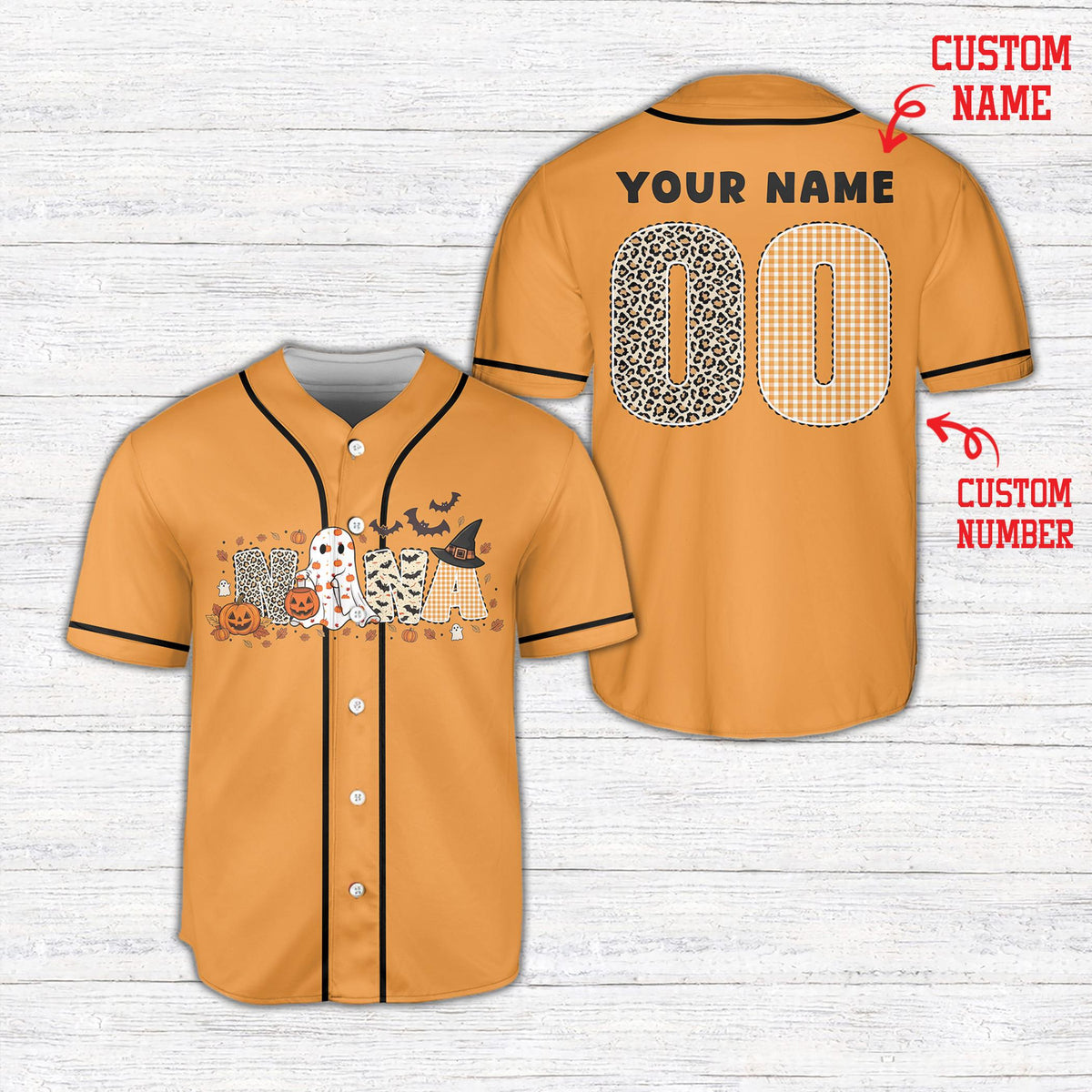 Front view of orange custom baseball jersey showcasing the Halloween holiday pattern