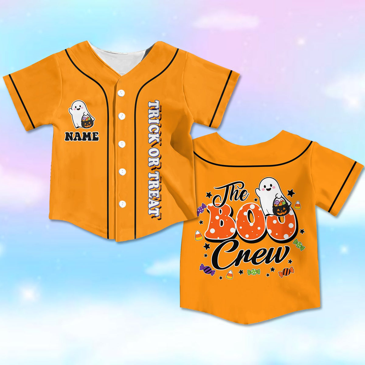 Personalized orange Halloween baseball jersey with trick or treat text, front view 2