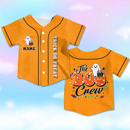 Personalized orange Halloween baseball jersey with trick or treat text, front view 2