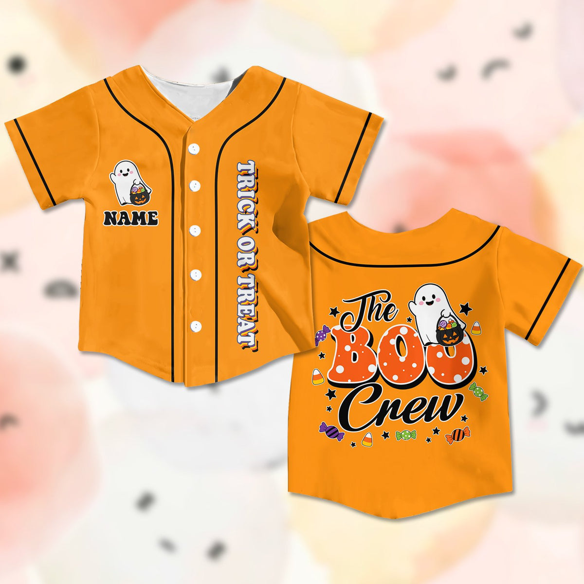 Personalized orange Halloween baseball jersey with ghost graphic, front view 3