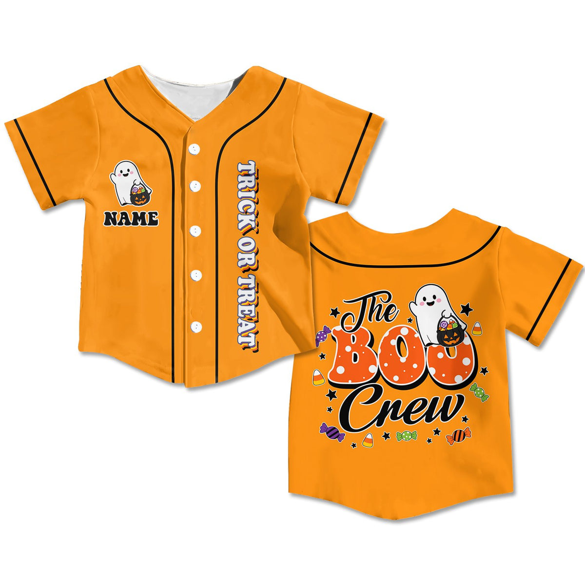Personalized orange Halloween baseball jersey with custom name, front view 4