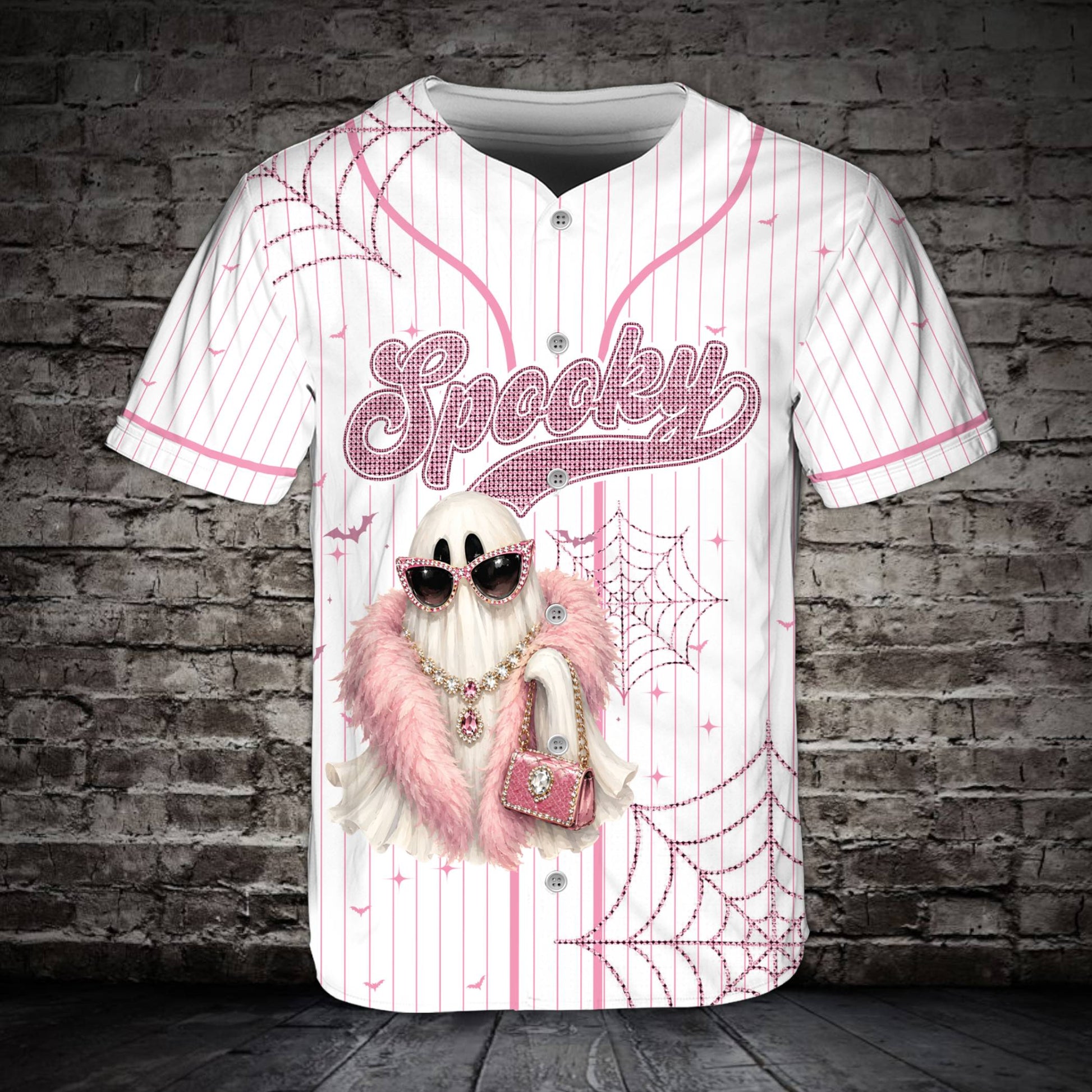 Front view of the custom Halloween baseball jersey featuring a ghost and pinstripes