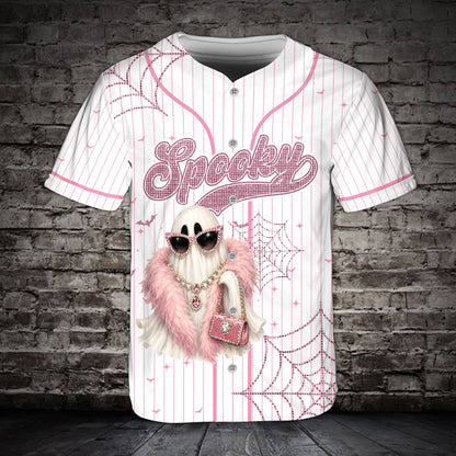 Front view of the custom Halloween baseball jersey featuring a ghost and pinstripes