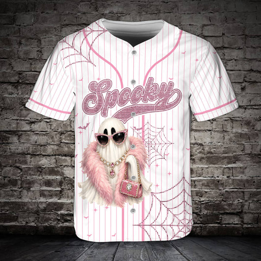 Main view of a personalized spooky girly ghost baseball jersey with name
