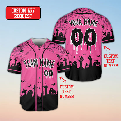 Front view of the pink Halloween baseball jersey with zombie hands and jack-o'-lanterns