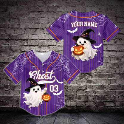 Personalized purple halloween baseball jersey with cute ghost design, front view