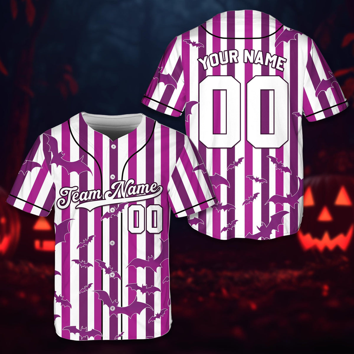 Front view of personalized purple and white halloween baseball jersey with bats design