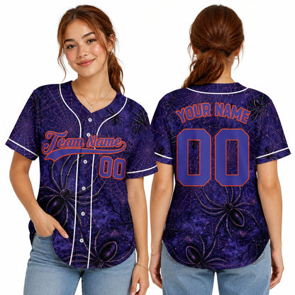 Personalized purple halloween baseball jersey with spooky spiderwebs and custom name, main view