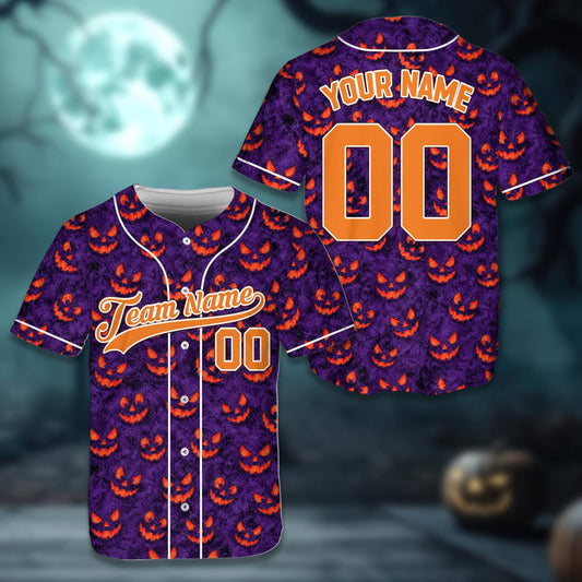 Personalized purple halloween baseball jersey with glowing jack-o'-lantern pattern and custom name