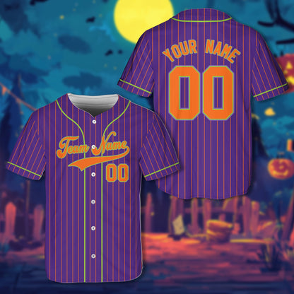 Personalized Halloween baseball jersey in purple with custom name and number, front view