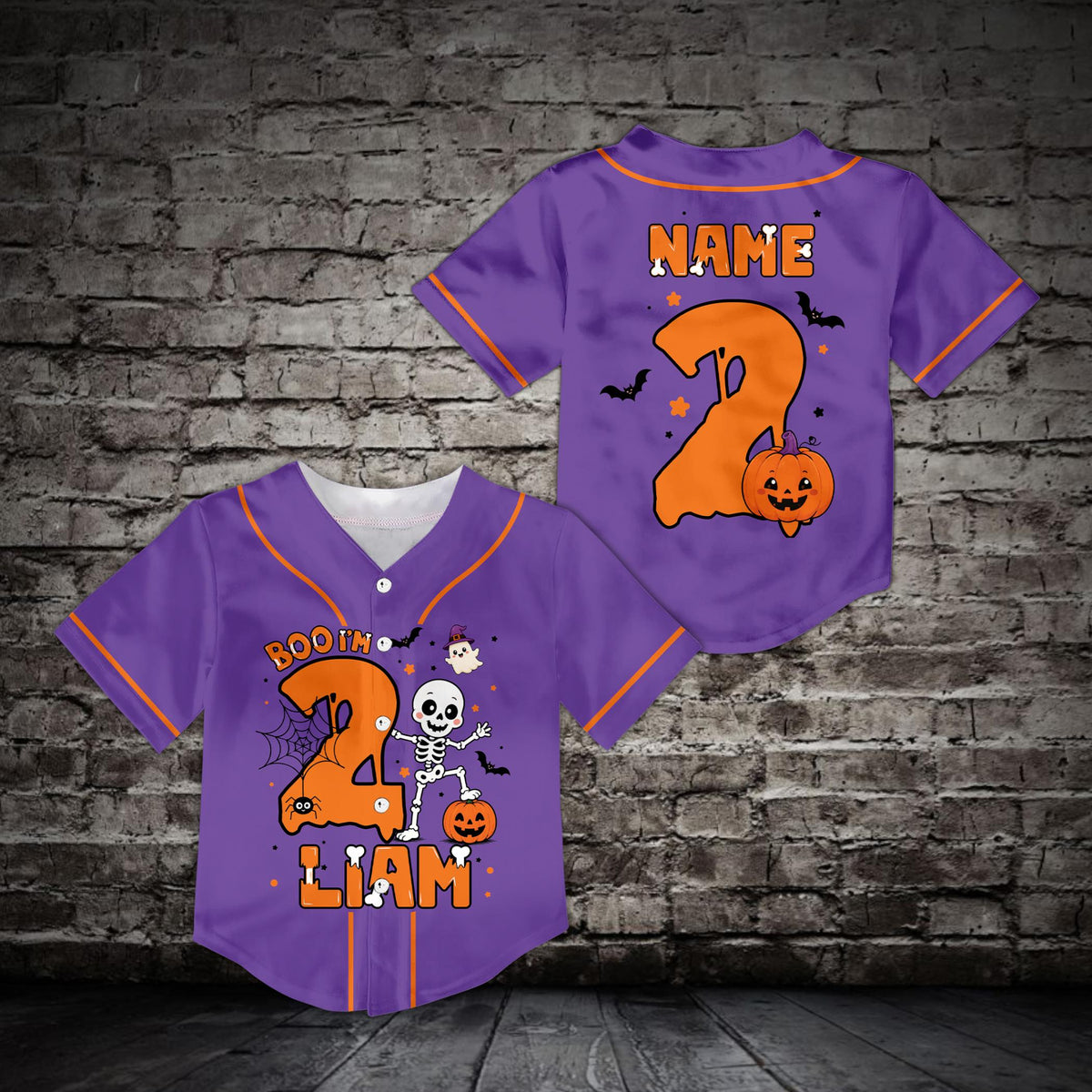 Front view of purple personalized baseball jersey featuring halloween motifs