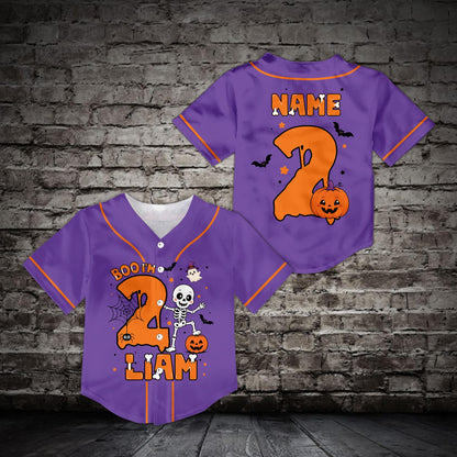 Front view of purple personalized baseball jersey featuring halloween motifs