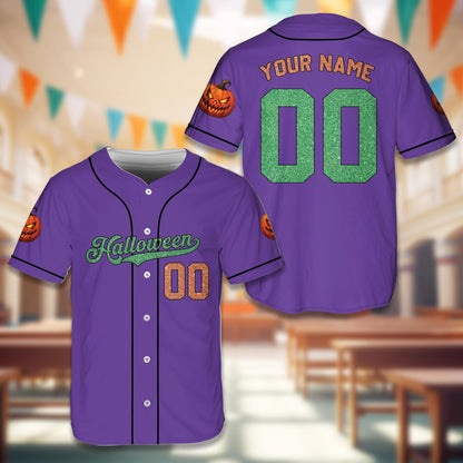 Purple halloween themed baseball jersey with custom name and number placeholders