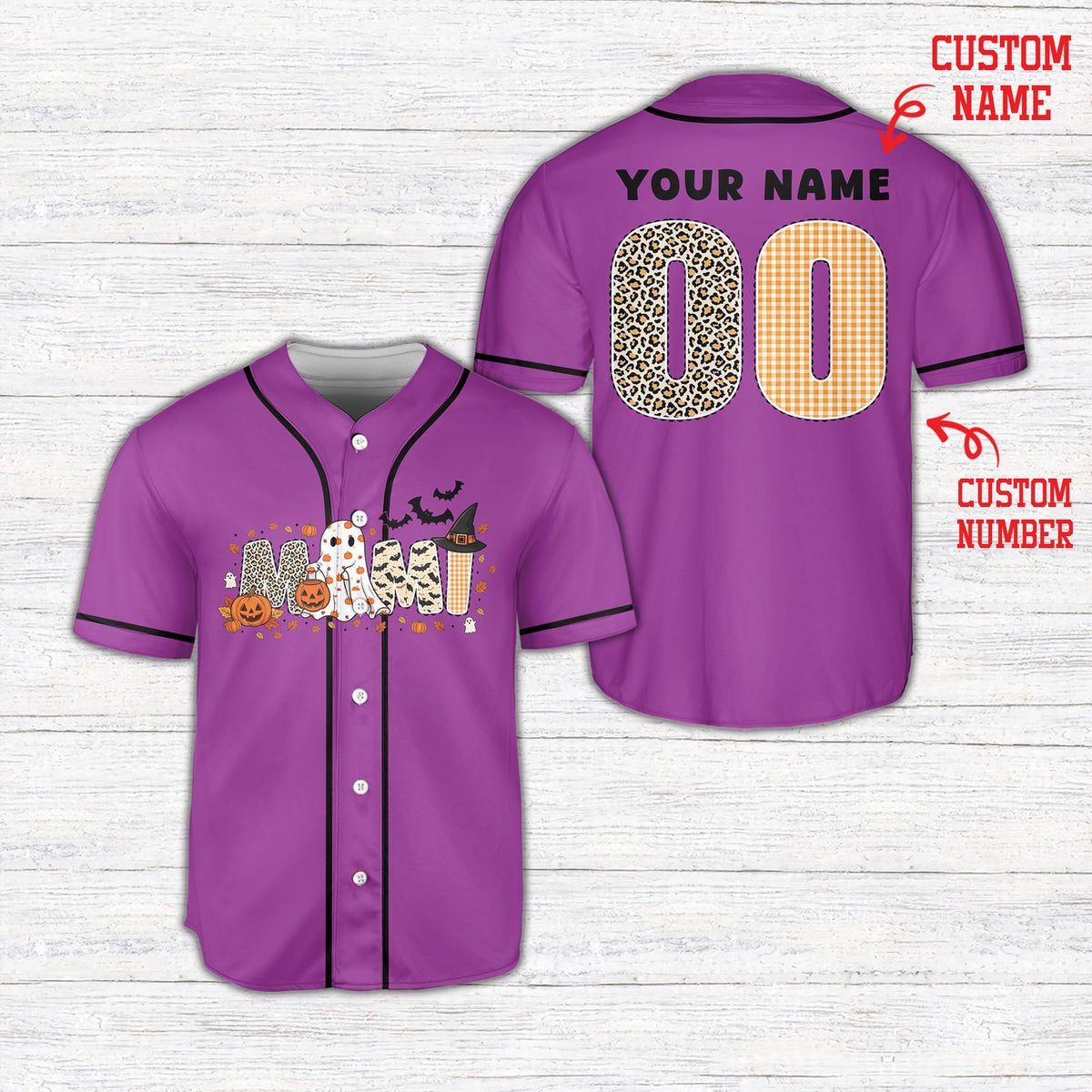 Front view of purple personalized baseball jersey with spooky MAMA elements
