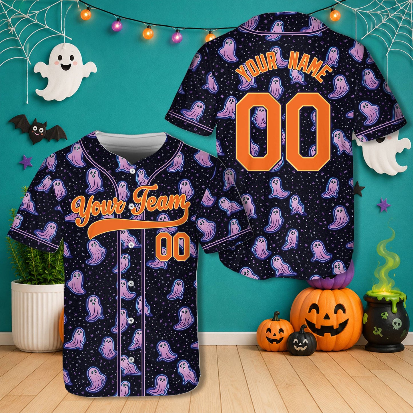 Close-up front view of the custom baseball jersey featuring spooky graveyard and neon accents