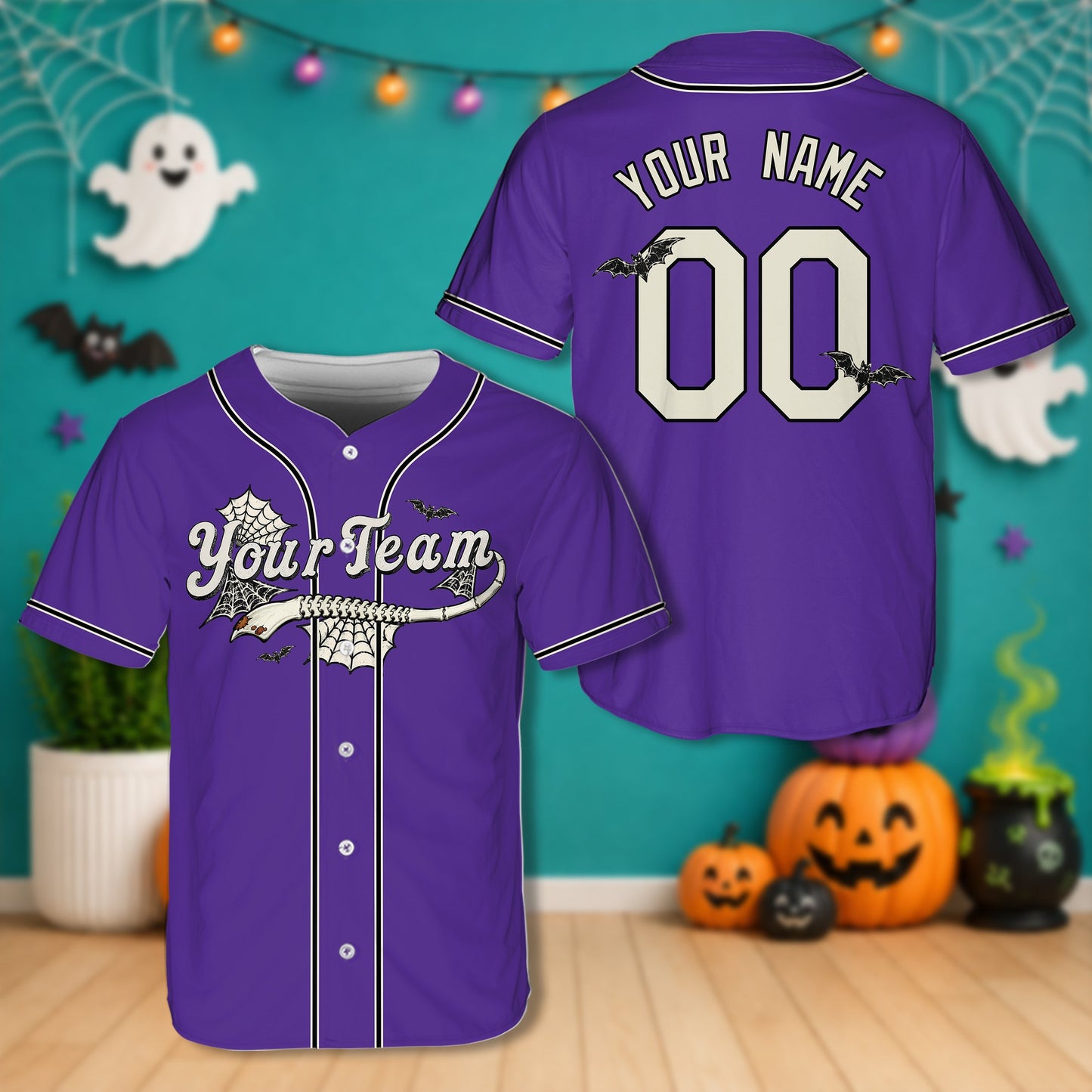Personalized purple Halloween baseball jersey, front view