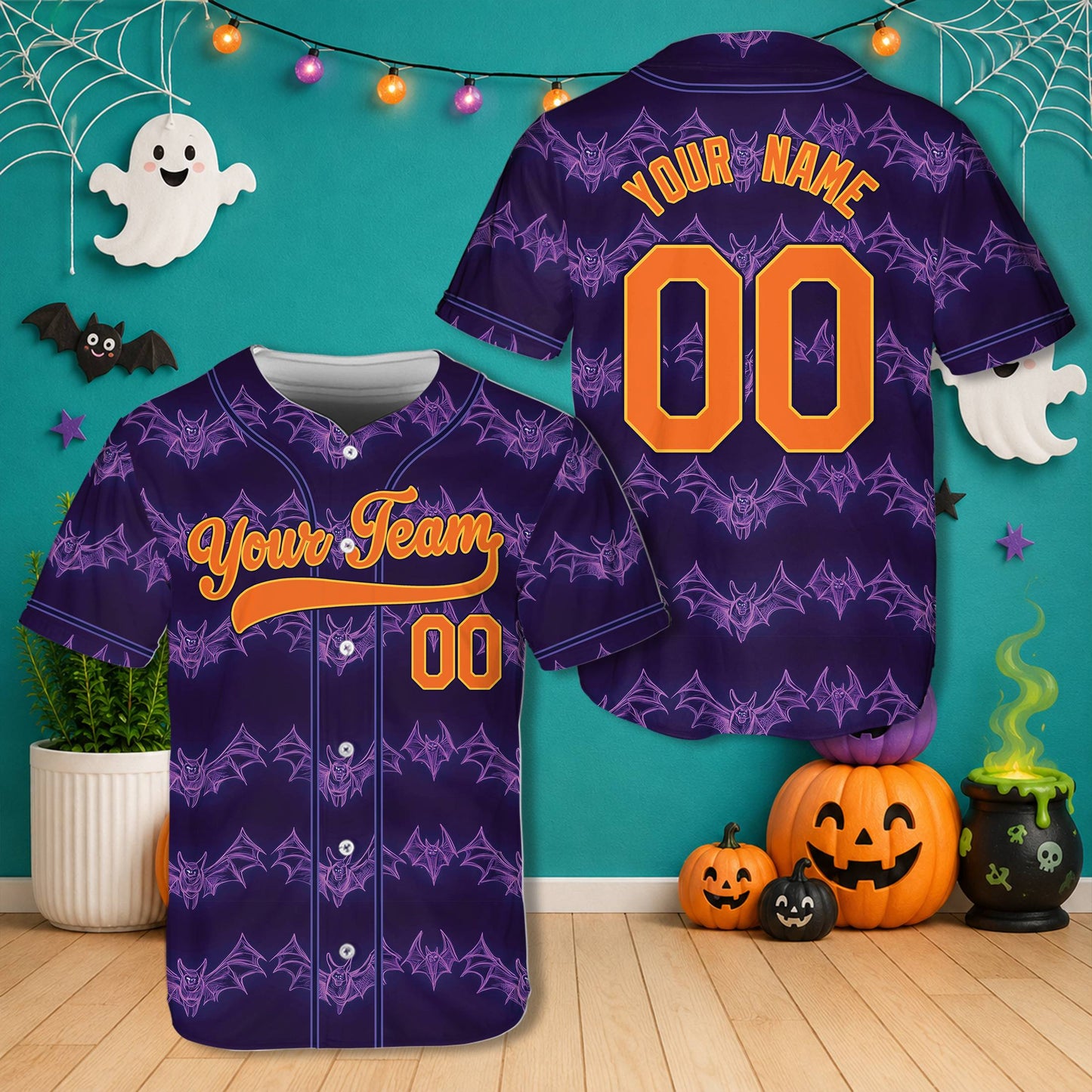 Personalized Halloween baseball jersey in neon purple with custom name and number, main view