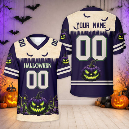 Personalized purple halloween themed baseball jersey with glowing jack-o'-lantern graphic, front view