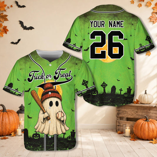 Angled view of the personalized Halloween baseball jersey showcasing the vivid orange, purple, and green colors