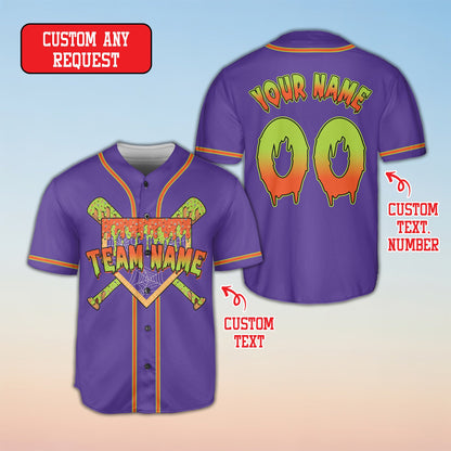 Personalized purple halloween baseball jersey with custom name and number, front view
