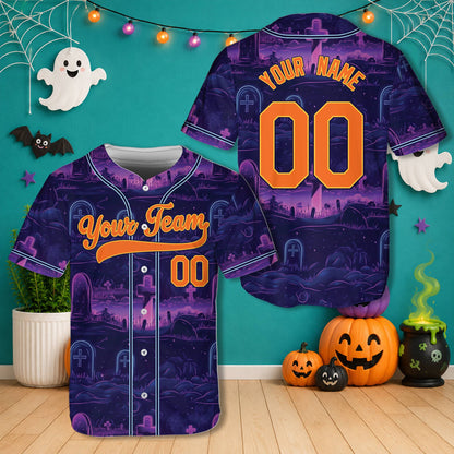 Additional front angle of the personalized Halloween themed baseball jersey in purple and orange