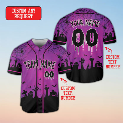 Front view of the purple Halloween baseball jersey with dripping numbers