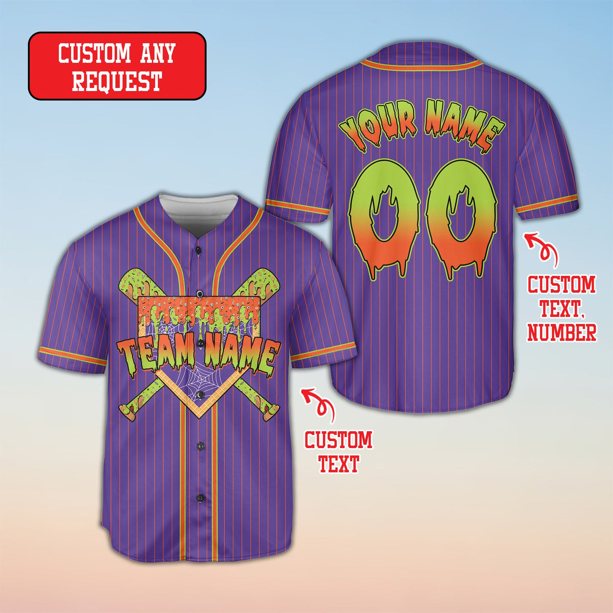 Purple halloween themed baseball jersey front view